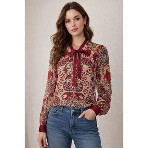 Hale Bob Silk Velvet Burnout Top XS Red Tie Sheer Boho Whimsical Art Wear Twee